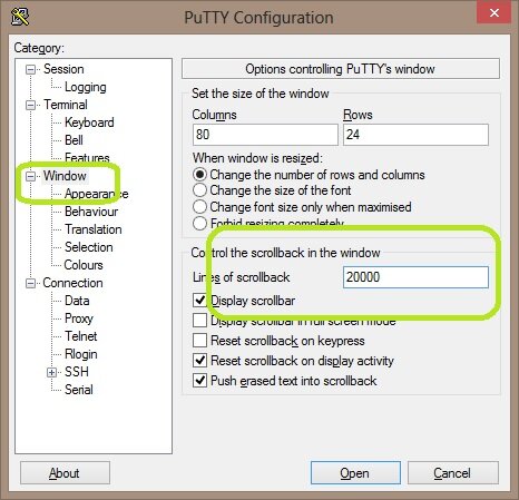 Permanently change the Window scrollback size of Putty